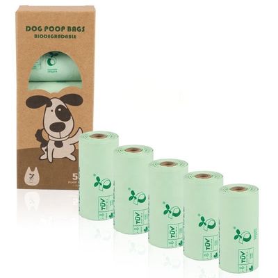 Logotipo personalizado Bolsa PBAT de PLA de almidón de maíz biodegradable para caca de mascotas en el salón de exposiciones