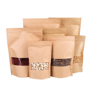 Bolsas de pie de color marrón biodegradables personalizadas con cremallera y ventana para envases de alimentos