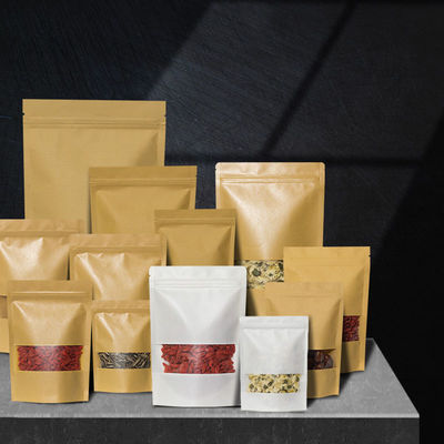 Bolsas de pie de color marrón biodegradables personalizadas con cremallera y ventana para envases de alimentos