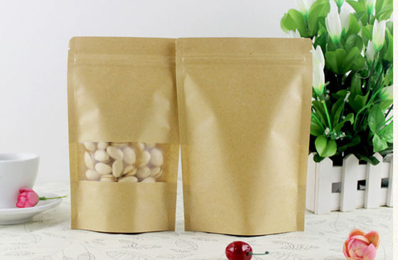 Bolsas de pie de color marrón biodegradables personalizadas con cremallera y ventana para envases de alimentos