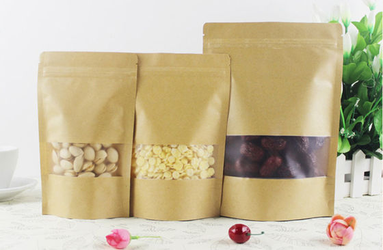 Bolsas de pie de color marrón biodegradables personalizadas con cremallera y ventana para envases de alimentos