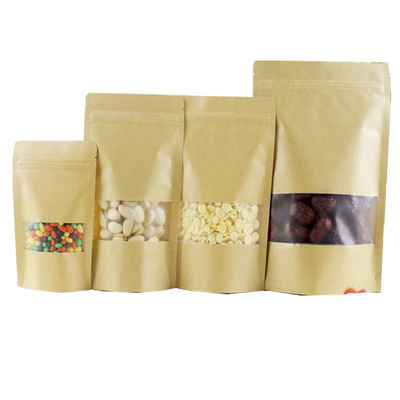 Bolsas de pie de color marrón biodegradables personalizadas con cremallera y ventana para envases de alimentos