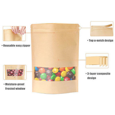 Bolsa de papel Kraft con cerradura de sellado de cierre y ventana transparente de diseño de pie